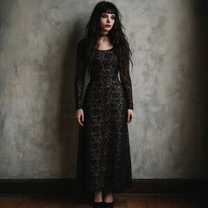 Vtg Velvet Cutout Dress Womens 10P Black Floral Maxi 90s Whimsigoth Fairy Grunge